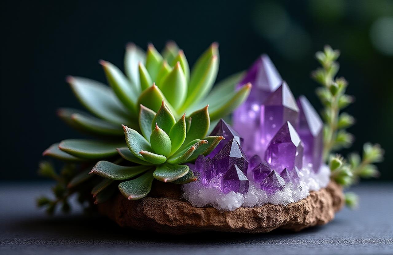 Elegante composizione floreale con piante grasse e cristalli di ametista.