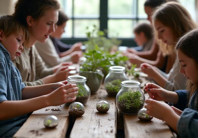 Persone che partecipano a un laboratorio sulla creazione di terrari.